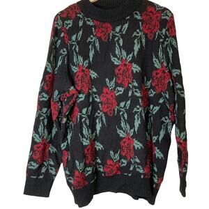 A624146 DENIM & CO Jacquard Floral Mock Neck Long-Sleeve Pullover Black L